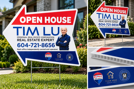 Collage showing a custom-shaped open house coroplast sign on H-stakes and close-ups of its corrugated edge.