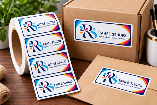 Roll of rectangular Rahee Studio stickers on branded kraft packaging.
