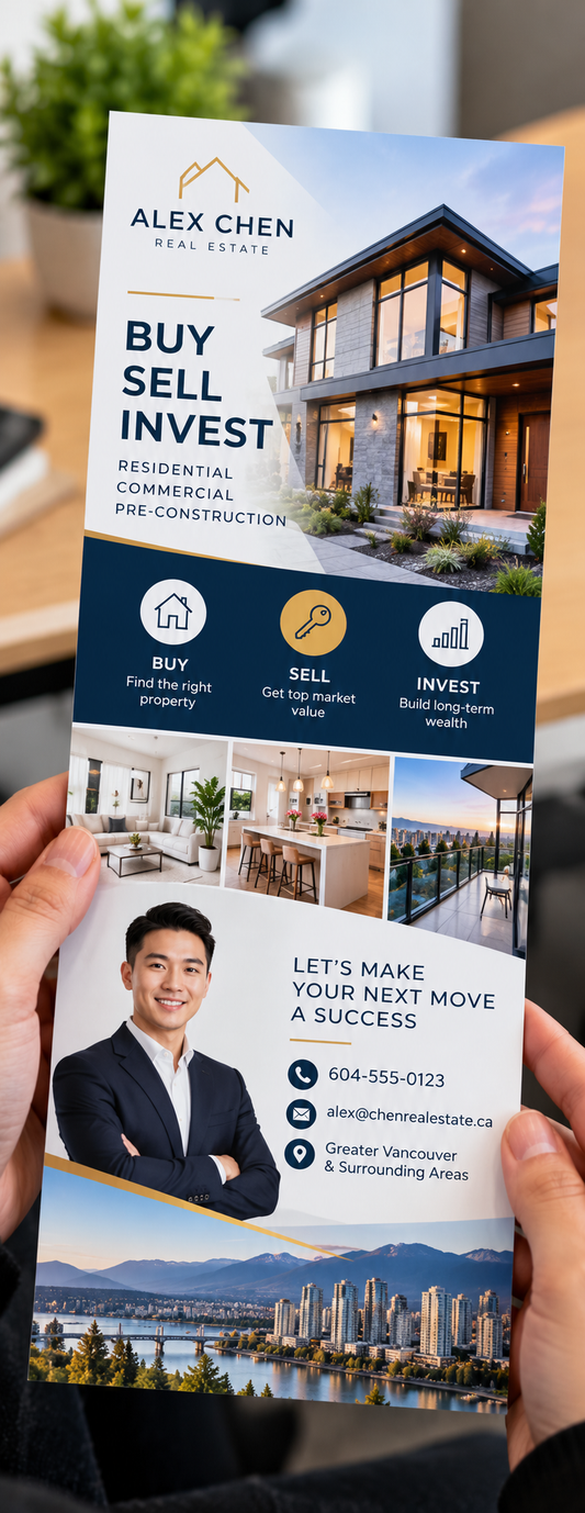 Real estate promotional flyer held in an office