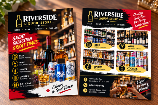 Riverside Liquor Store postcard designs shown front and back