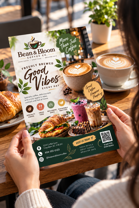 Coffee shop promotional flyer held in a café setting