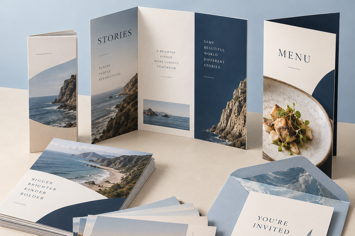 A coordinated stationery set arranged on a light beige surface against a pale blue background. The set includes brochures, an invitation card, envelopes, and a small printed card, all featuring coastal landscape photography, navy and cream color blocking, and elegant typography.