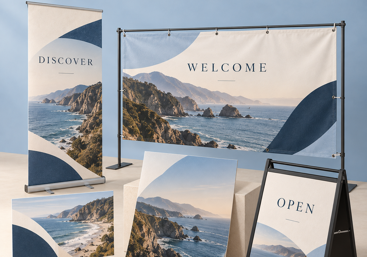 A coordinated set of coastal-themed display materials arranged on a studio floor: a large banner on a stand, a vertical roll-up banner, a smaller square print, a floor sign, and a rolled mat or poster. The printed design shows rocky ocean cliffs, blue water, and cream sections with navy curved shapes.