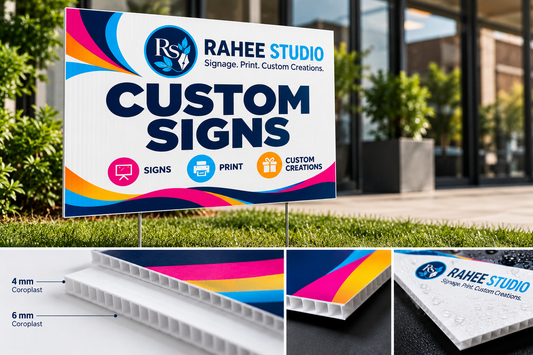 Rahee Studio coroplast sign showcase showing a lawn sign, 4 mm and 6 mm board edges, and a close-up with water droplets.