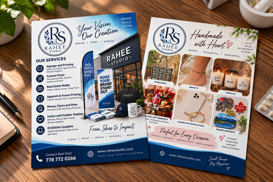 Rahee Studio postcard designs shown front and back