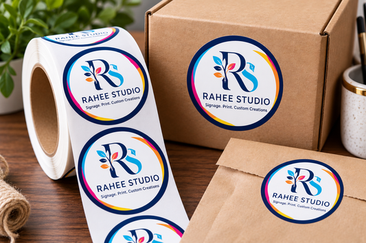 Roll of round Rahee Studio stickers on kraft boxes and envelopes.